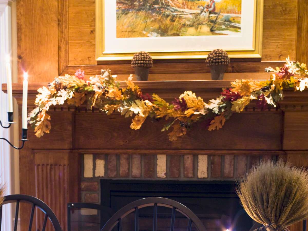 The third image showcases a rich traditional Thanksgiving scene a table laden with pumpkins lit candles and autumn leaves set against a backdrop of a warm wood-paneled dining room creating an inviting and celebratory ambiance