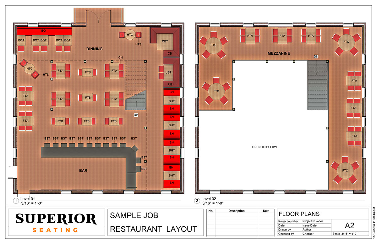 two-level restaurant floor plan with dining bar and mezzanine