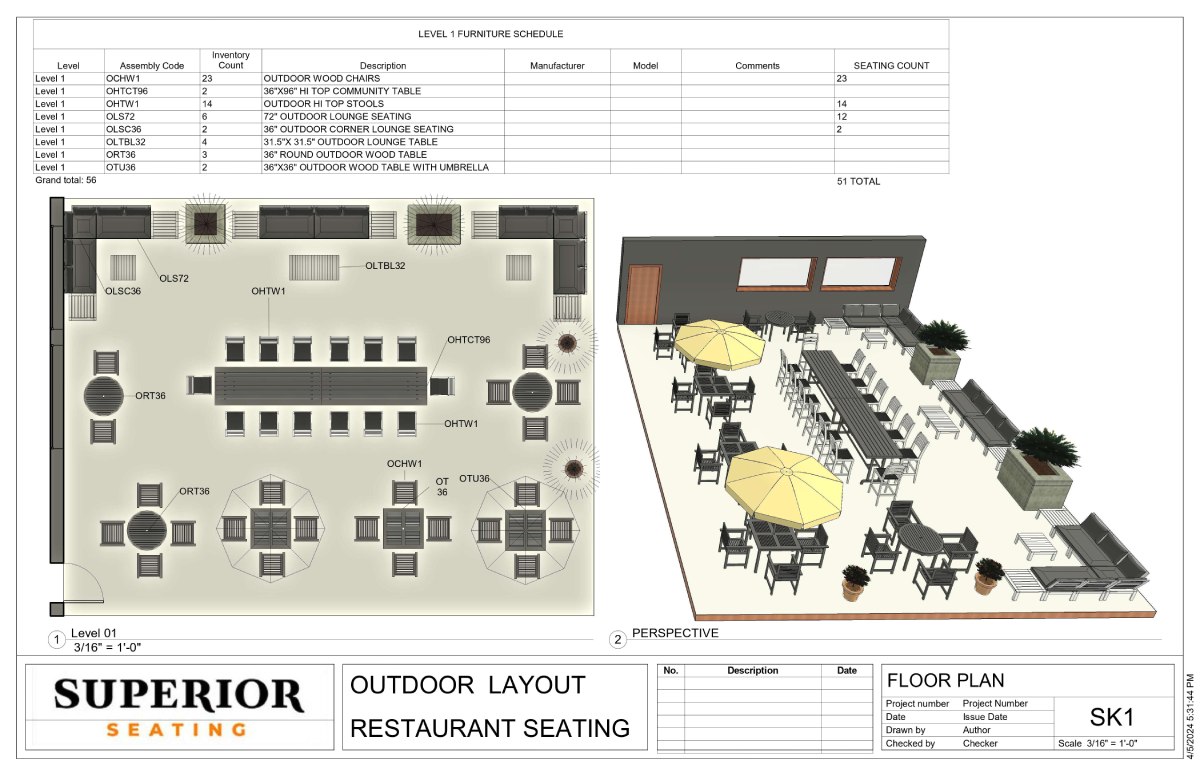 outdoor restaurant patio floor plan with bar area umbrellas and lounge sets including furniture schedule